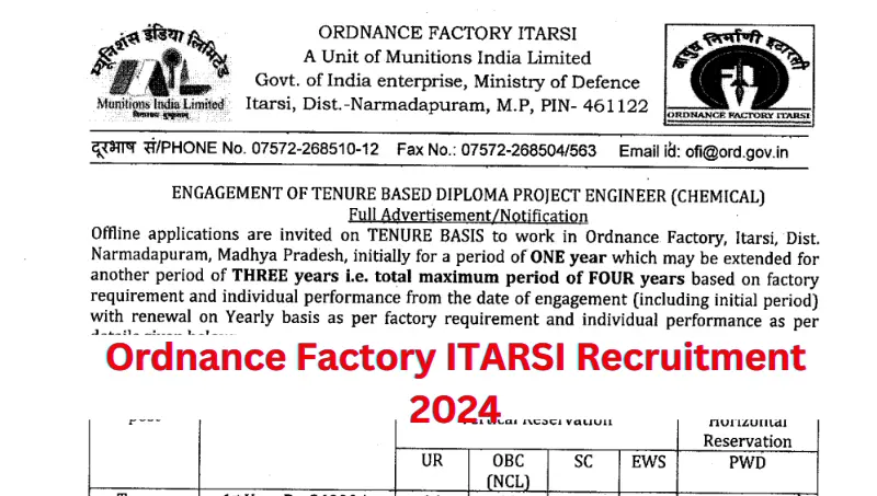 Ordnance Factory ITARSI Recruitment 2024 Applications Are Now Open